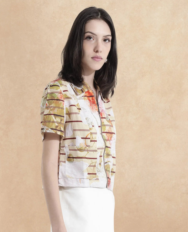 Rareism Women Klapan Multi Short Sleeve Collared Neck Zipper Closure Cropped Floral Print Top