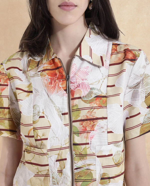 Rareism Women Klapan Multi Short Sleeve Collared Neck Zipper Closure Cropped Floral Print Top