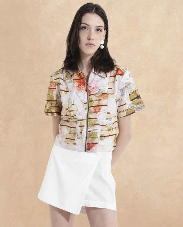 Rareism Women Klapan Multi Short Sleeve Collared Neck Zipper Closure Cropped Floral Print Top