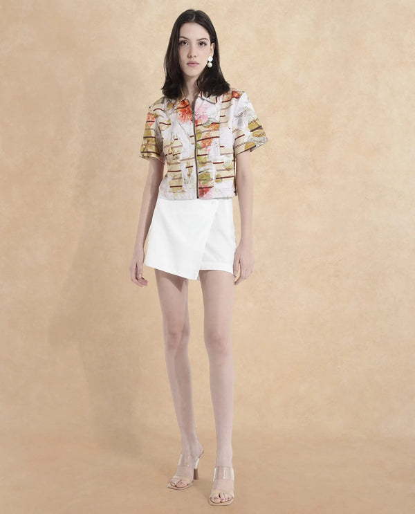 Rareism Women Klapan Multi Short Sleeve Collared Neck Zipper Closure Cropped Floral Print Top