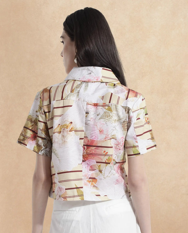 Rareism Women Klapan Multi Short Sleeve Collared Neck Zipper Closure Cropped Floral Print Top