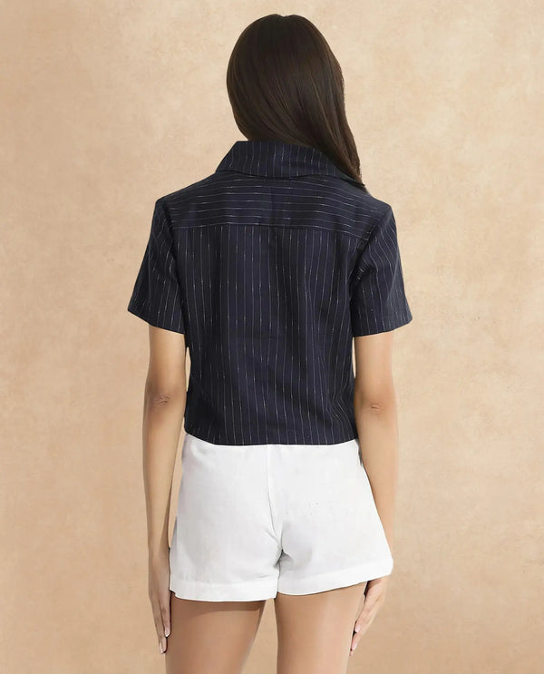 Rareism Women Klapo Black Short Sleeve Collared Neck Zipper Closure Cropped Narrow Stripes Top