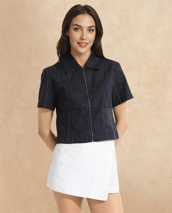 Rareism Women Klapo Black Short Sleeve Collared Neck Zipper Closure Cropped Narrow Stripes Top