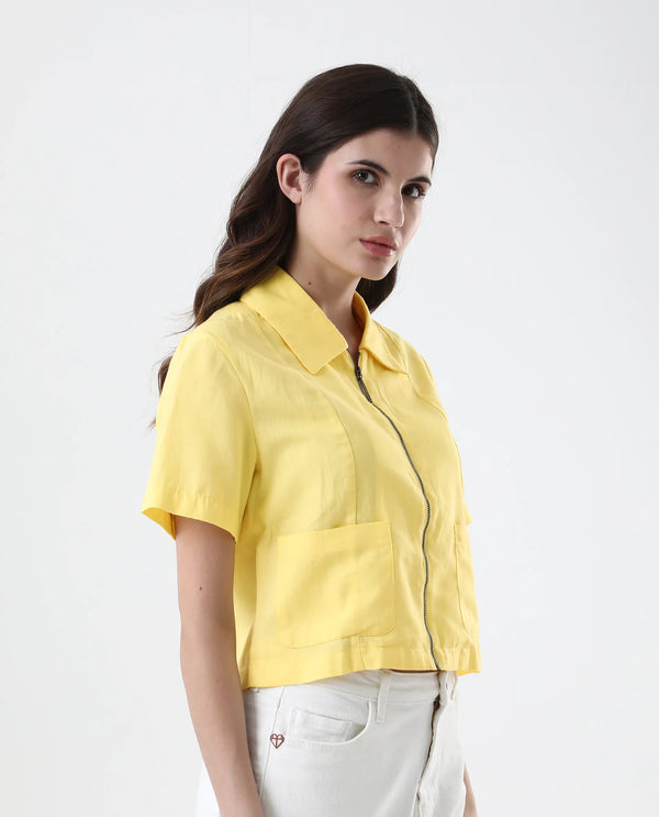 Rareism Women Klappy Yellow Short Sleeve Collared Neck Zipper Closure Cropped Plain Top