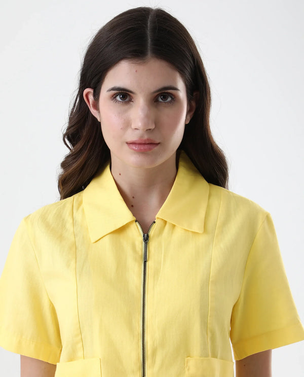 Rareism Women Klappy Yellow Short Sleeve Collared Neck Zipper Closure Cropped Plain Top