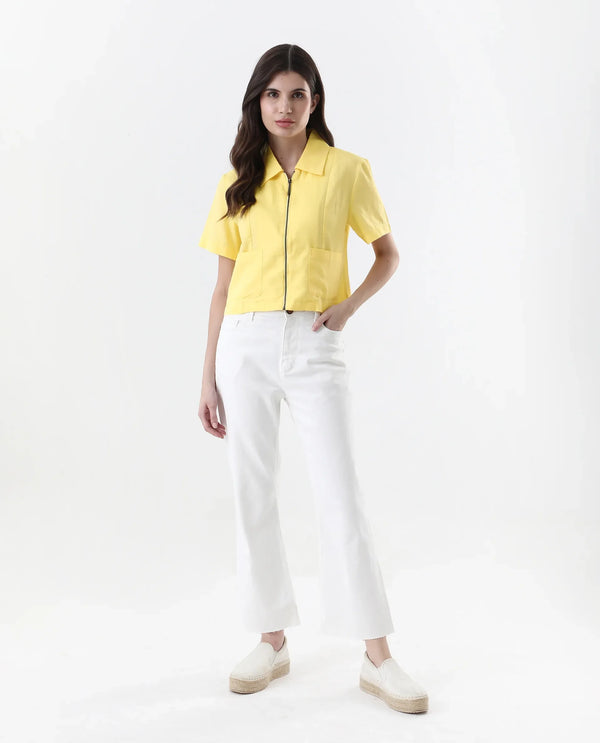 Rareism Women Klappy Yellow Short Sleeve Collared Neck Zipper Closure Cropped Plain Top