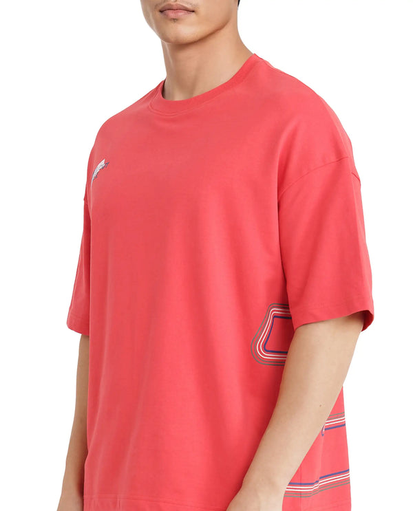 Rare Rabbit Men Klas Red Cotton Fabric Short Sleeve Crew Neck Oversized Fit All Over Placement Backprint T-Shirt