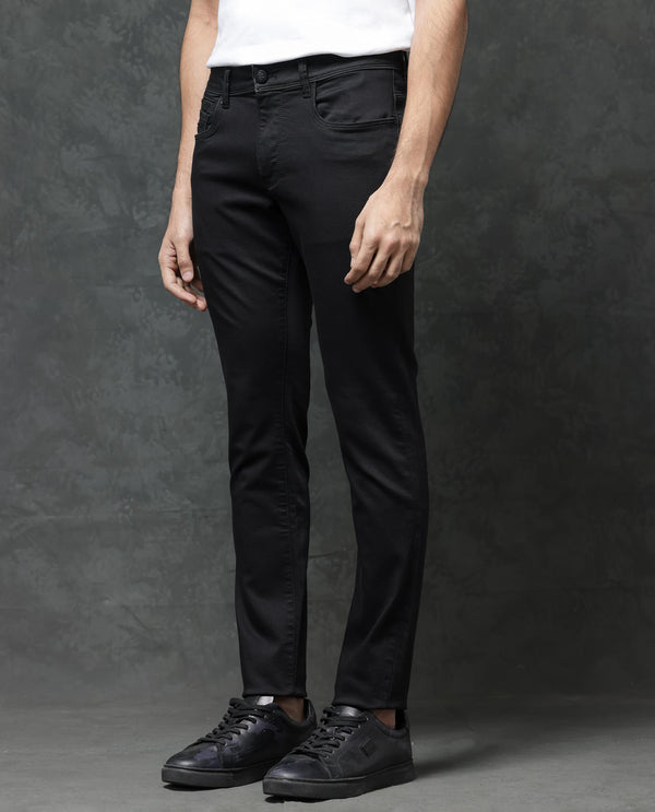 Rare Rabbit Men's Kleber Black Slim Fit Mid Rise Rinse Wash Jeans