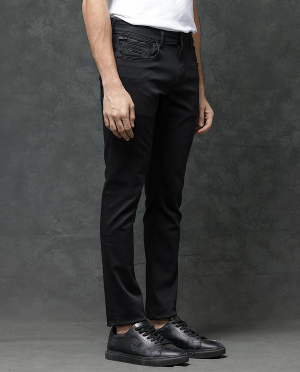 Rare Rabbit Men's Kleber Black Slim Fit Mid Rise Rinse Wash Jeans