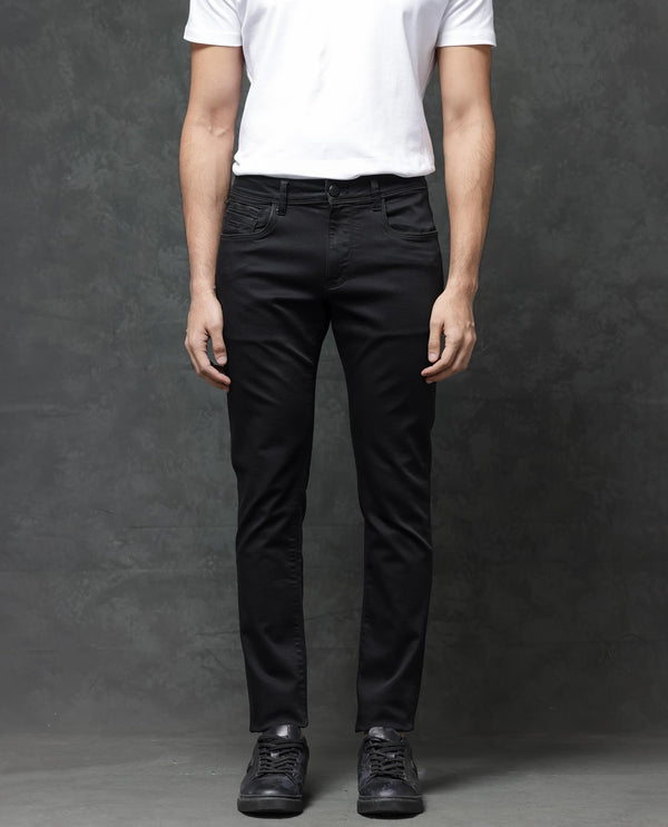 Rare Rabbit Men's Kleber Black Slim Fit Mid Rise Rinse Wash Jeans