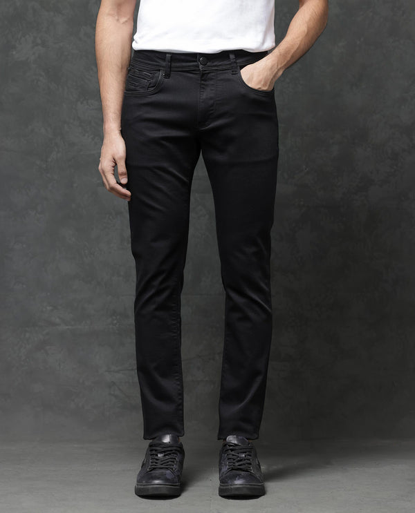 Rare Rabbit Men's Kleber Black Slim Fit Mid Rise Rinse Wash Jeans