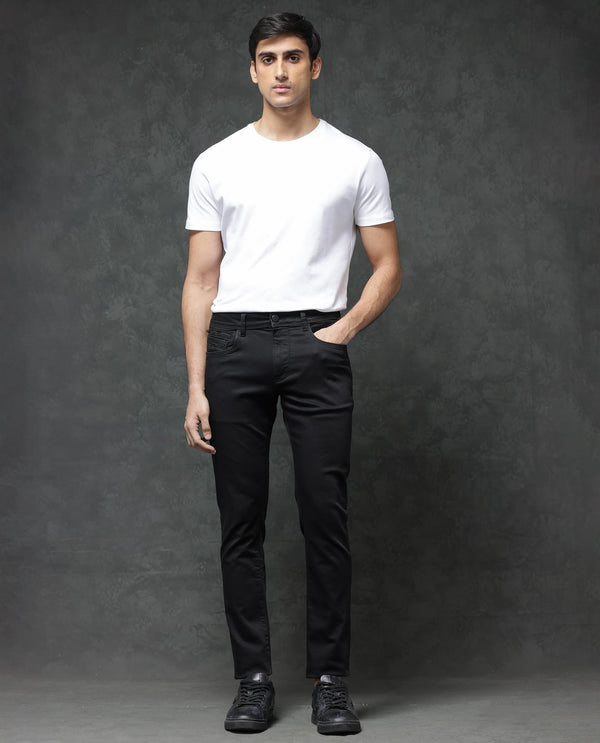 Rare Rabbit Men's Kleber Black Slim Fit Mid Rise Rinse Wash Jeans