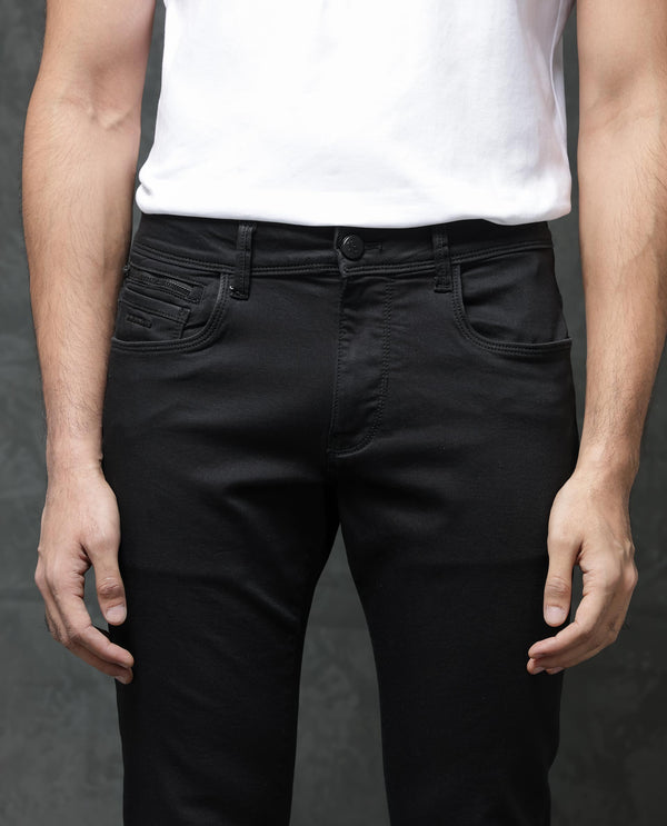 Rare Rabbit Men's Kleber Black Slim Fit Mid Rise Rinse Wash Jeans