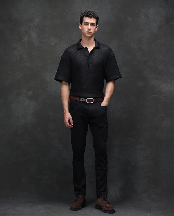 Rare Rabbit Men's Kleber Black Slim Fit Mid Rise Rinse Wash Jeans