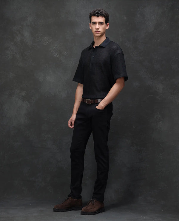 Rare Rabbit Men's Kleber Black Slim Fit Mid Rise Rinse Wash Jeans