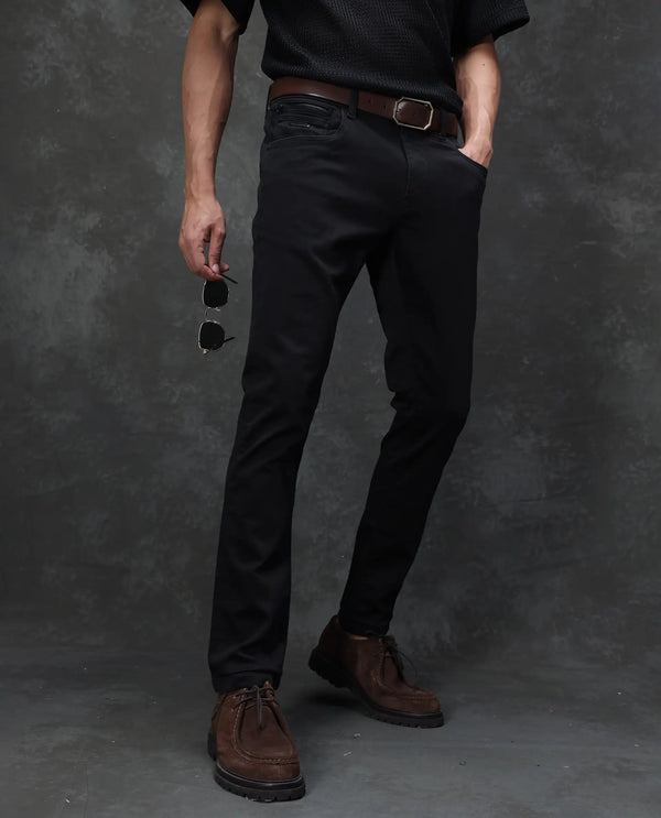 Rare Rabbit Men's Kleber Black Slim Fit Mid Rise Rinse Wash Jeans