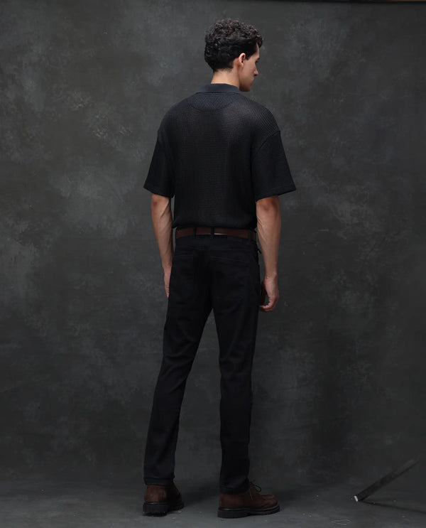 Rare Rabbit Men's Kleber Black Slim Fit Mid Rise Rinse Wash Jeans