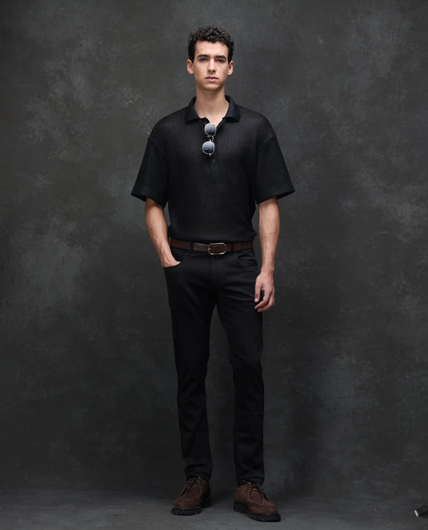 Rare Rabbit Men's Kleber Black Slim Fit Mid Rise Rinse Wash Jeans
