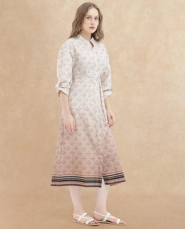 Rareism Women's Klee Beige Cotton Fabric Mandarin Collar Button Closure Cuffed Sleeve Geometric Print Fit And Flare Midi Dress