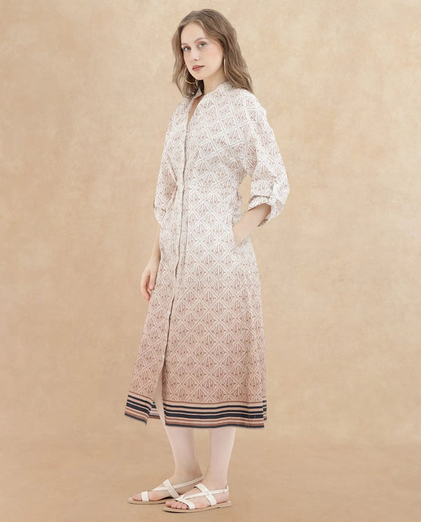 Rareism Women's Klee Beige Cotton Fabric Mandarin Collar Button Closure Cuffed Sleeve Geometric Print Fit And Flare Midi Dress