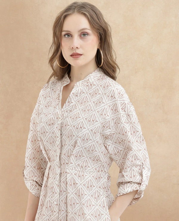 Rareism Women's Klee Beige Cotton Fabric Mandarin Collar Button Closure Cuffed Sleeve Geometric Print Fit And Flare Midi Dress