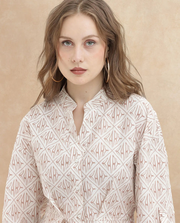 Rareism Women's Klee Beige Cotton Fabric Mandarin Collar Button Closure Cuffed Sleeve Geometric Print Fit And Flare Midi Dress