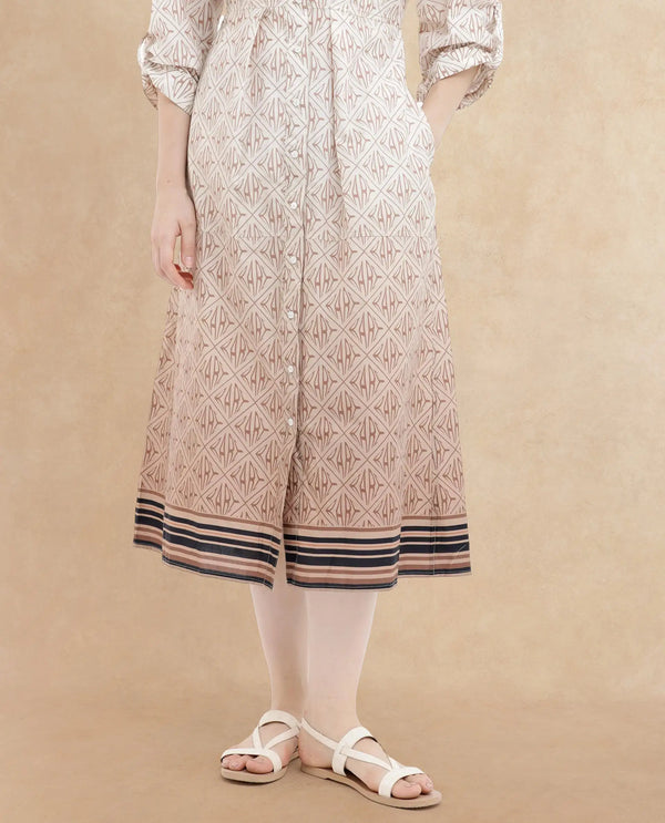 Rareism Women's Klee Beige Cotton Fabric Mandarin Collar Button Closure Cuffed Sleeve Geometric Print Fit And Flare Midi Dress