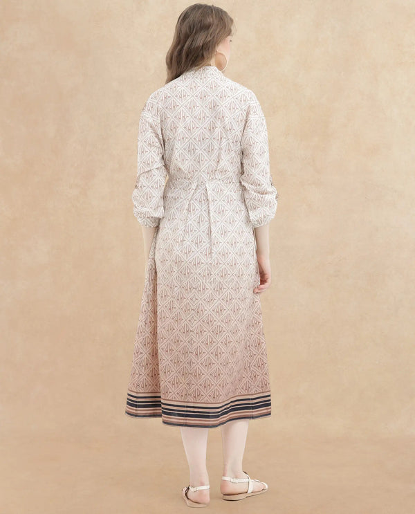 Rareism Women's Klee Beige Cotton Fabric Mandarin Collar Button Closure Cuffed Sleeve Geometric Print Fit And Flare Midi Dress