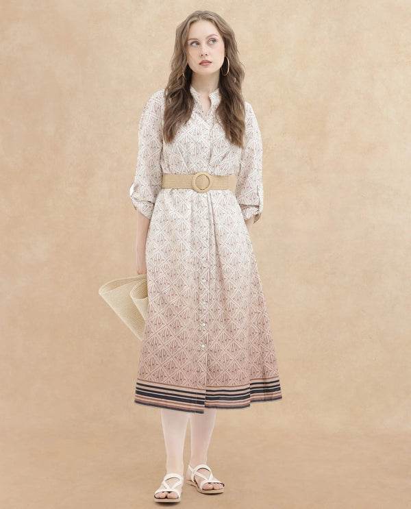 Rareism Women's Klee Beige Cotton Fabric Mandarin Collar Button Closure Cuffed Sleeve Geometric Print Fit And Flare Midi Dress