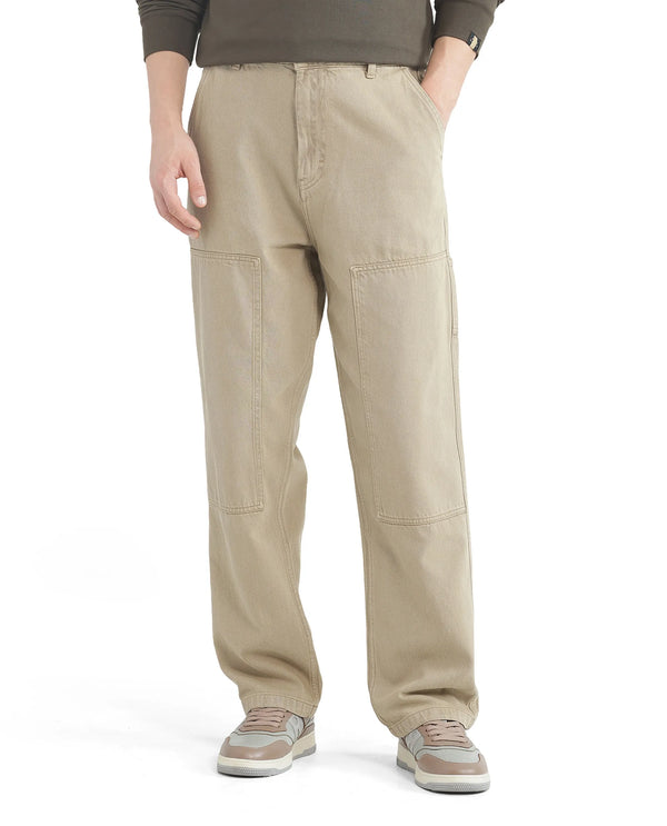 Rare Rabbit Men Klop Beige Cotton Fabric Mid Rise Carpenter Fit Garment Dyed Plain Jeans