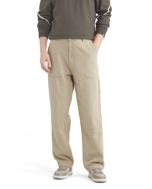 Rare Rabbit Men Klop Beige Cotton Fabric Mid Rise Carpenter Fit Garment Dyed Plain Jeans