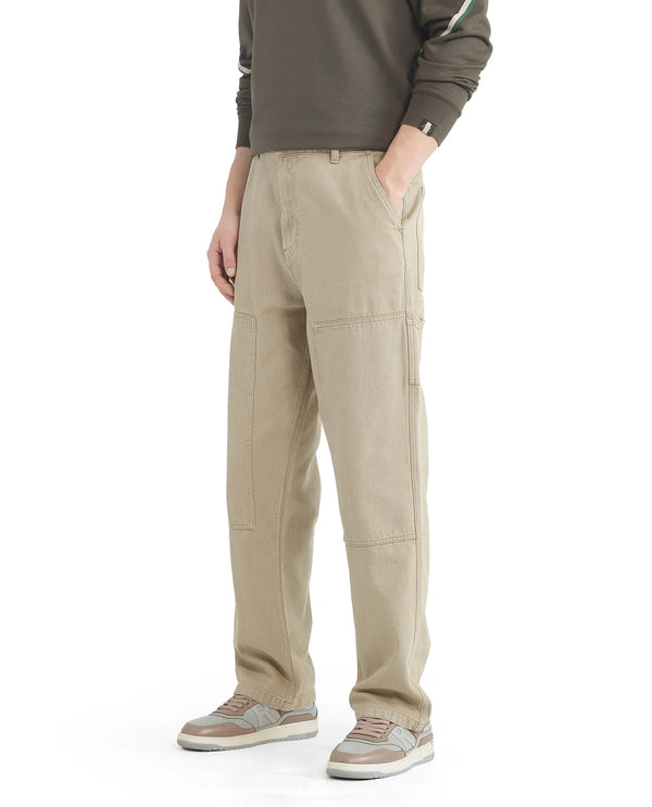 Rare Rabbit Men Klop Beige Cotton Fabric Mid Rise Carpenter Fit Garment Dyed Plain Jeans