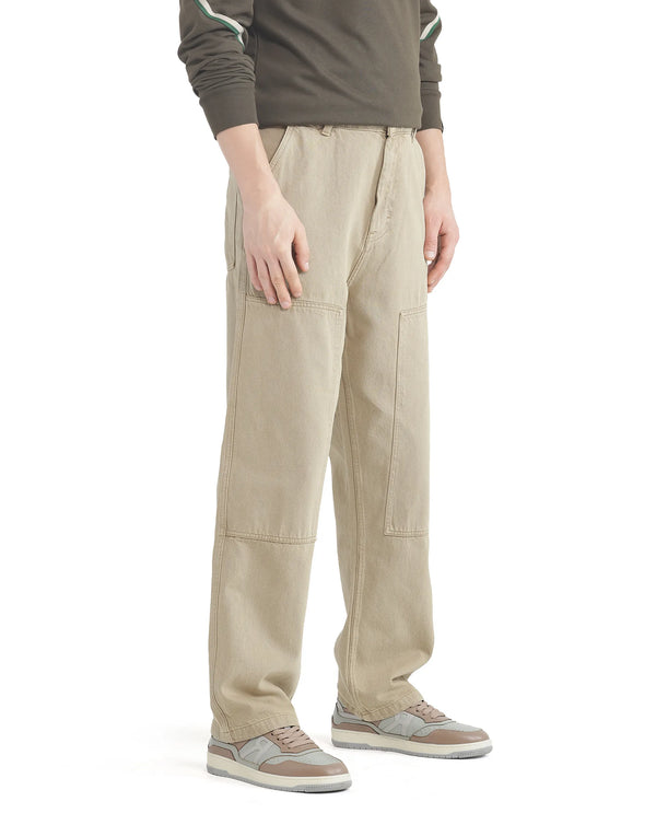 Rare Rabbit Men Klop Beige Cotton Fabric Mid Rise Carpenter Fit Garment Dyed Plain Jeans