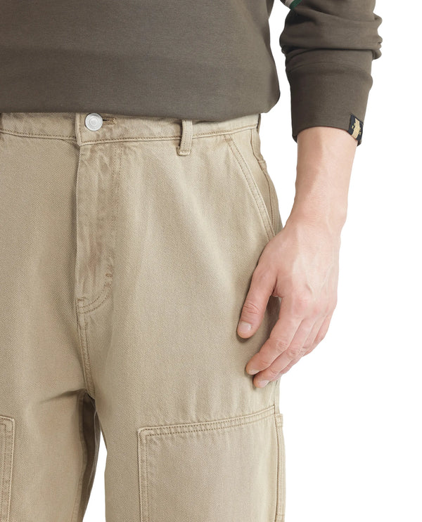 Rare Rabbit Men Klop Beige Cotton Fabric Mid Rise Carpenter Fit Garment Dyed Plain Jeans