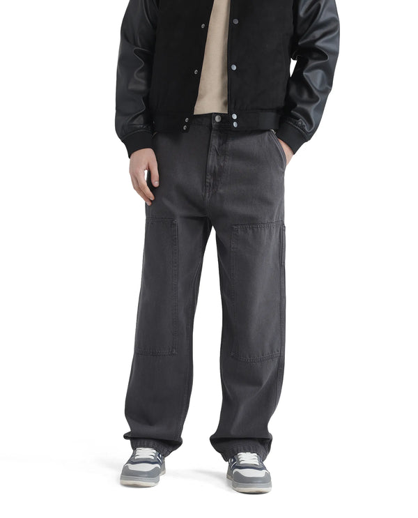 Rare Rabbit Men Klop Dark Grey Cotton Fabric Mid Rise Carpenter Fit Garment Dyed Plain Jeans