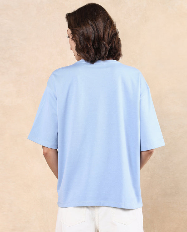 Rareism Women Klove Light Blue Cotton Blend Fabric Short Sleeve Crew Neck Oversized Fit Graphic Print T-Shirt