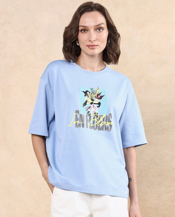 Rareism Women Klove Light Blue Cotton Blend Fabric Short Sleeve Crew Neck Oversized Fit Graphic Print T-Shirt