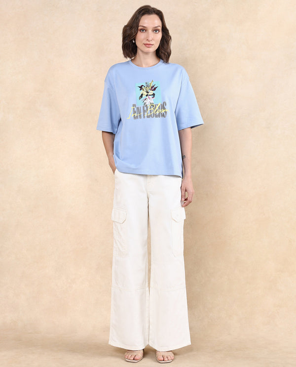 Rareism Women Klove Light Blue Cotton Blend Fabric Short Sleeve Crew Neck Oversized Fit Graphic Print T-Shirt