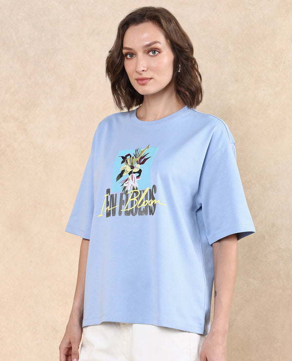 Rareism Women Klove Light Blue Cotton Blend Fabric Short Sleeve Crew Neck Oversized Fit Graphic Print T-Shirt