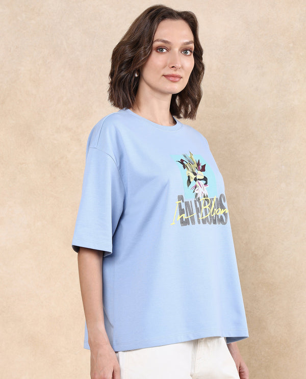 Rareism Women Klove Light Blue Cotton Blend Fabric Short Sleeve Crew Neck Oversized Fit Graphic Print T-Shirt