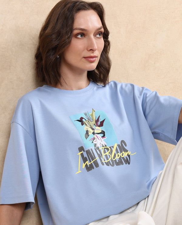 Rareism Women Klove Light Blue Cotton Blend Fabric Short Sleeve Crew Neck Oversized Fit Graphic Print T-Shirt