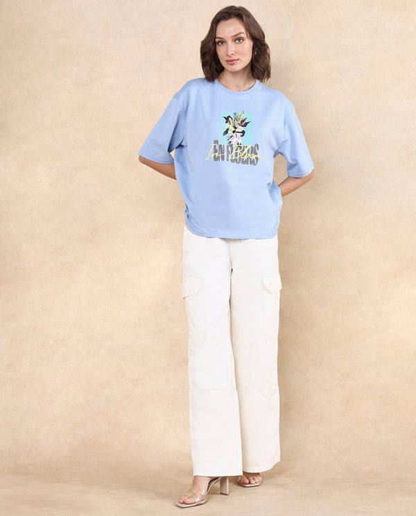 Rareism Women Klove Light Blue Cotton Blend Fabric Short Sleeve Crew Neck Oversized Fit Graphic Print T-Shirt
