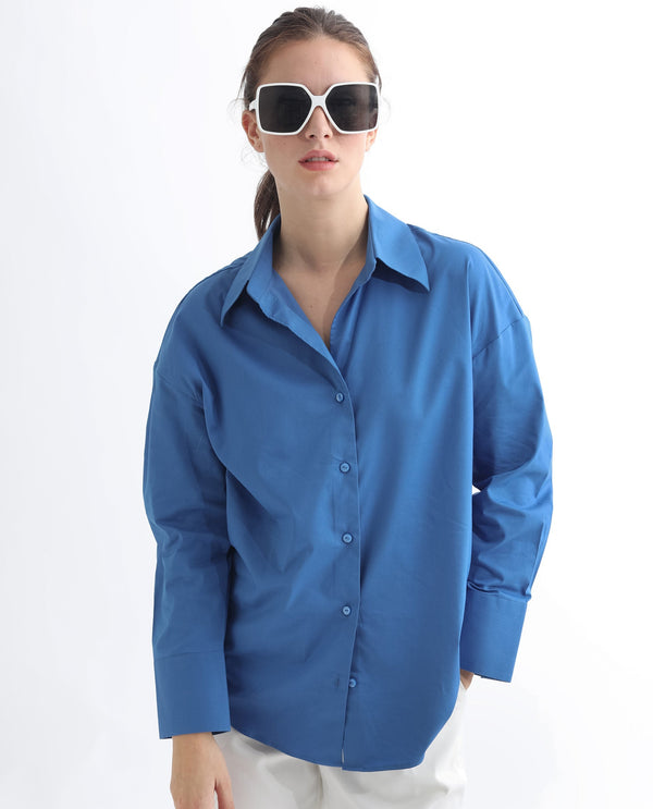 Rareism Women Klox Dark Blue  Cuffed Sleeve Shirt Collar Solid Shirt