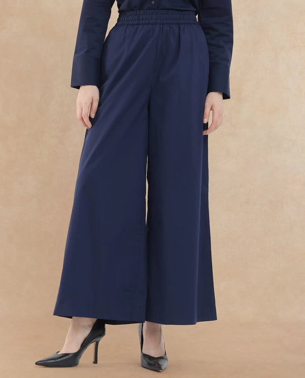 Rareism Women Kofu Dark Navy Cotton Fabric Regular Length Trouser