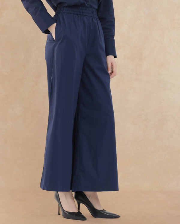 Rareism Women Kofu Dark Navy Cotton Fabric Regular Length Trouser