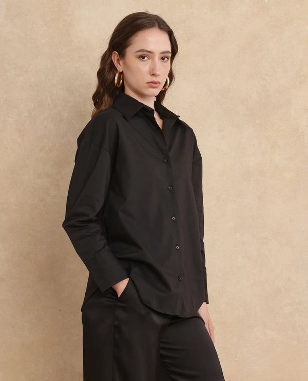 Rareism Women Klox-Uni Black Full Sleeve Collared Neck Button Closure Regular Fit Plain Shirt