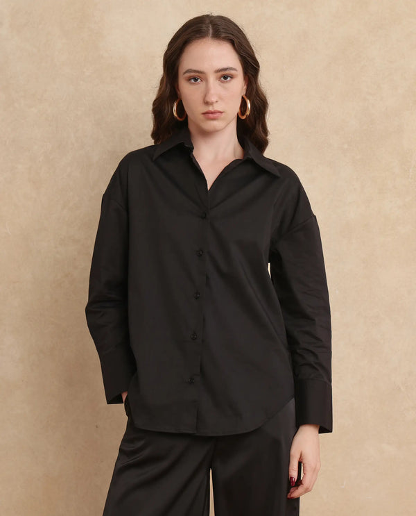 Rareism Women Klox-Uni Black Full Sleeve Collared Neck Button Closure Regular Fit Plain Shirt