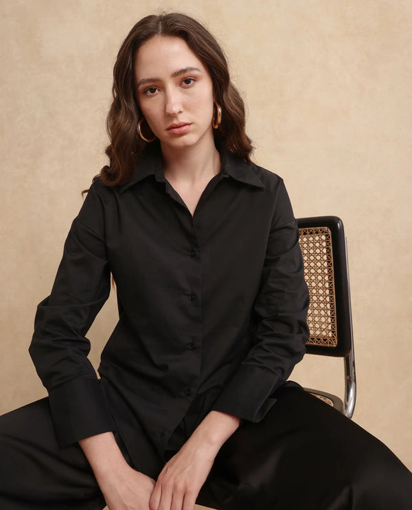 Rareism Women Klox-Uni Black Full Sleeve Collared Neck Button Closure Regular Fit Plain Shirt