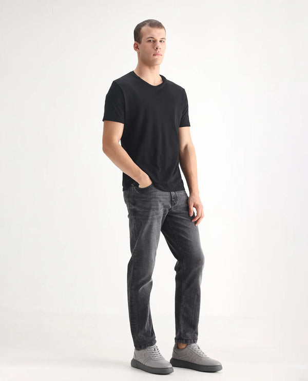 Rare Rabbit Men's Klune Black Mid Wash Mid-Rise Regular Fit Jeans