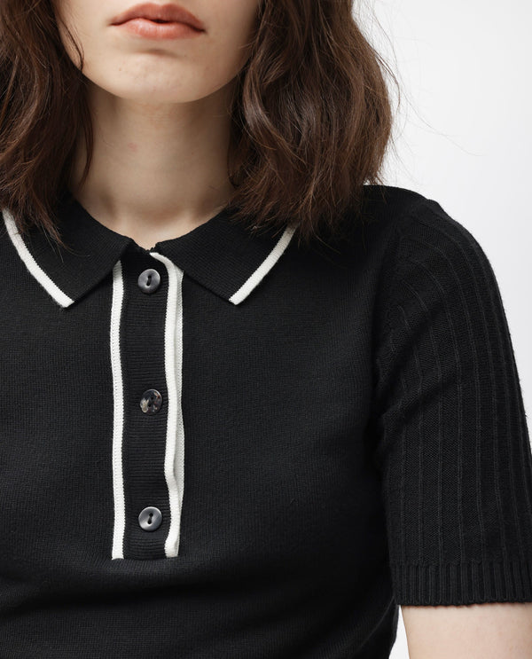 Rareism Women Knitup Black Cotton Fabric Short Sleeves Button Closure Shirt Collar Regular Fit Plain Sweater